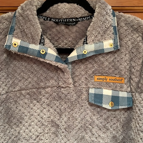 Simply Southern Gray Sherpa with blue plaid accents, half buttons & two pockets - Picture 2 of 5